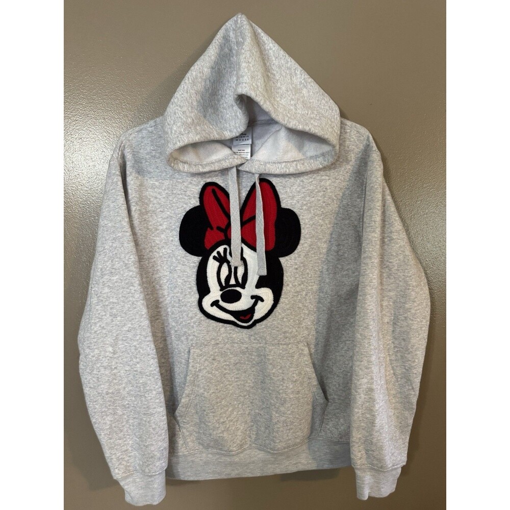 Disney Minnie Mouse Crochet Patch Hoodie Sweatshirt Heather Gray Women Small